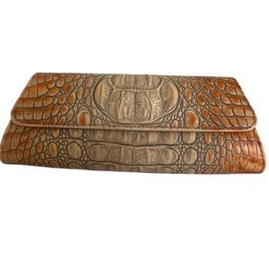 Lala Women Tan Orange Crocodile Embossed Leather Hornback Envelope Clutch Bag
